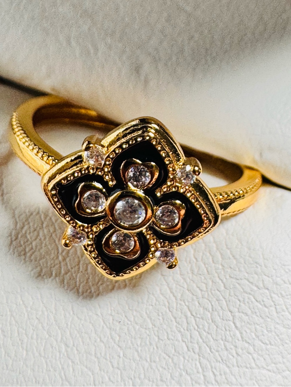 Gold-Tone Black Floral Open Ring Size 7